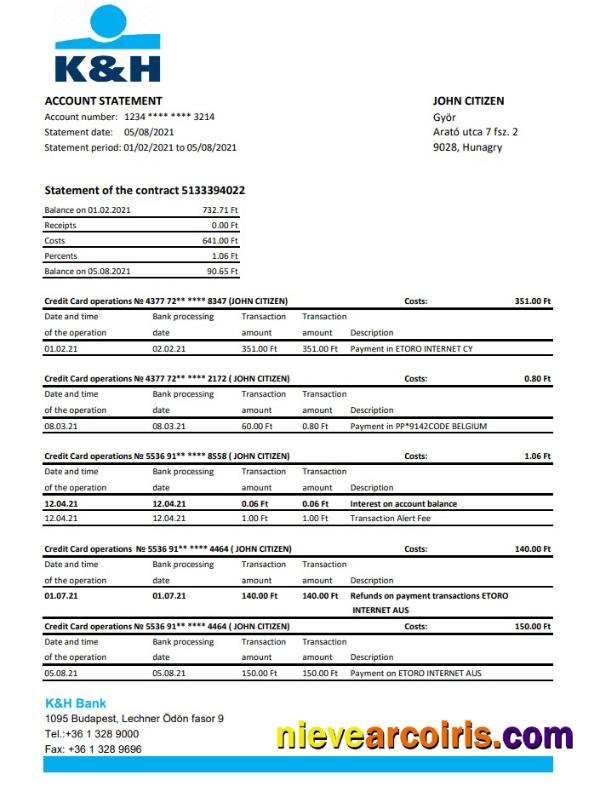 Hungary K&H Bank statement easy to fill in Excel and PDF format